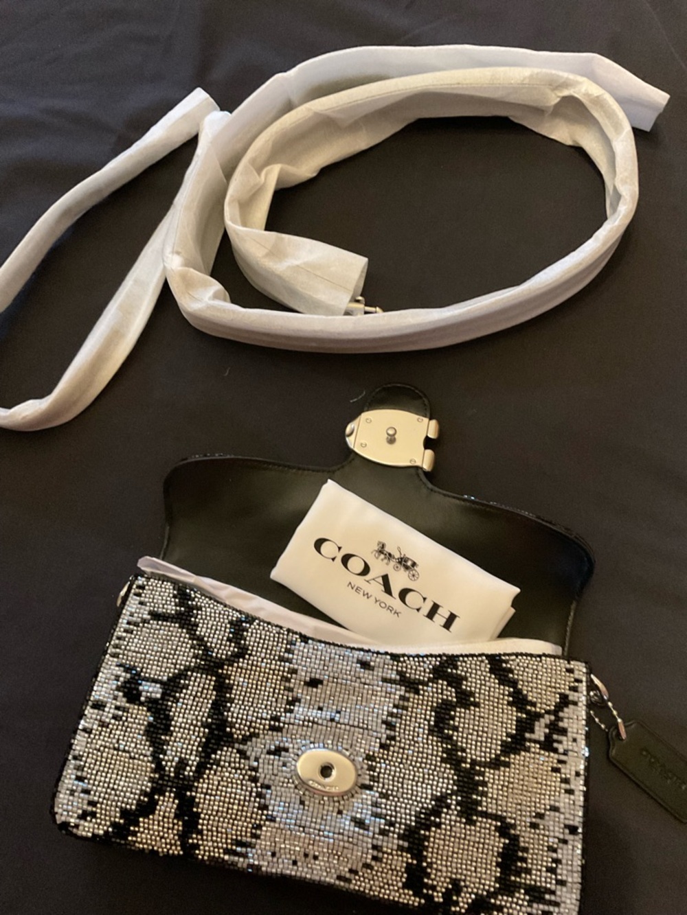 Coach Silver & Black Beaded Snake-Print Mini Crossbody